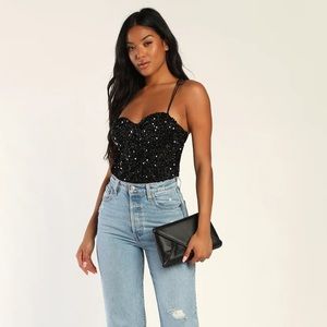 COPY - Sultry Sweetheart Shiny Black Sequin Tie-Strap Bustier Bodysuit